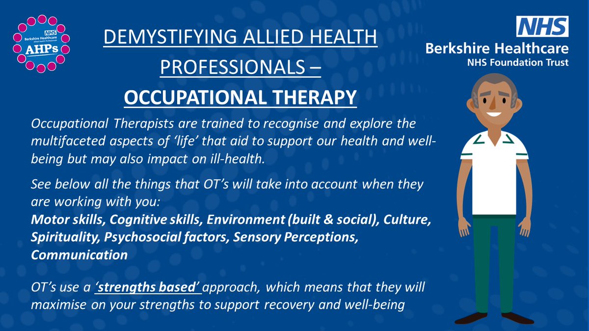 AHPsBerksHealth (@ahpsberkshealth) on Twitter photo ***Demystifying Occupational Therapy***
Day 2 #occupationaltherapy is more than just equipment provision.
OT's are trained to recognise that ill-health can occur due to complex interplay of different factors. They optimise on strengths to promote recovery & well-being <a href="/BHFT/">Berkshire Healthcare</a> ***Demystifying Occupational Therapy***
Day 2 #occupationaltherapy is more than just equipment provision.
OT's are trained to recognise that ill-health can occur due to complex interplay of different factors. They optimise on strengths to promote recovery & well-being <a href="/BHFT/">Berkshire Healthcare</a>