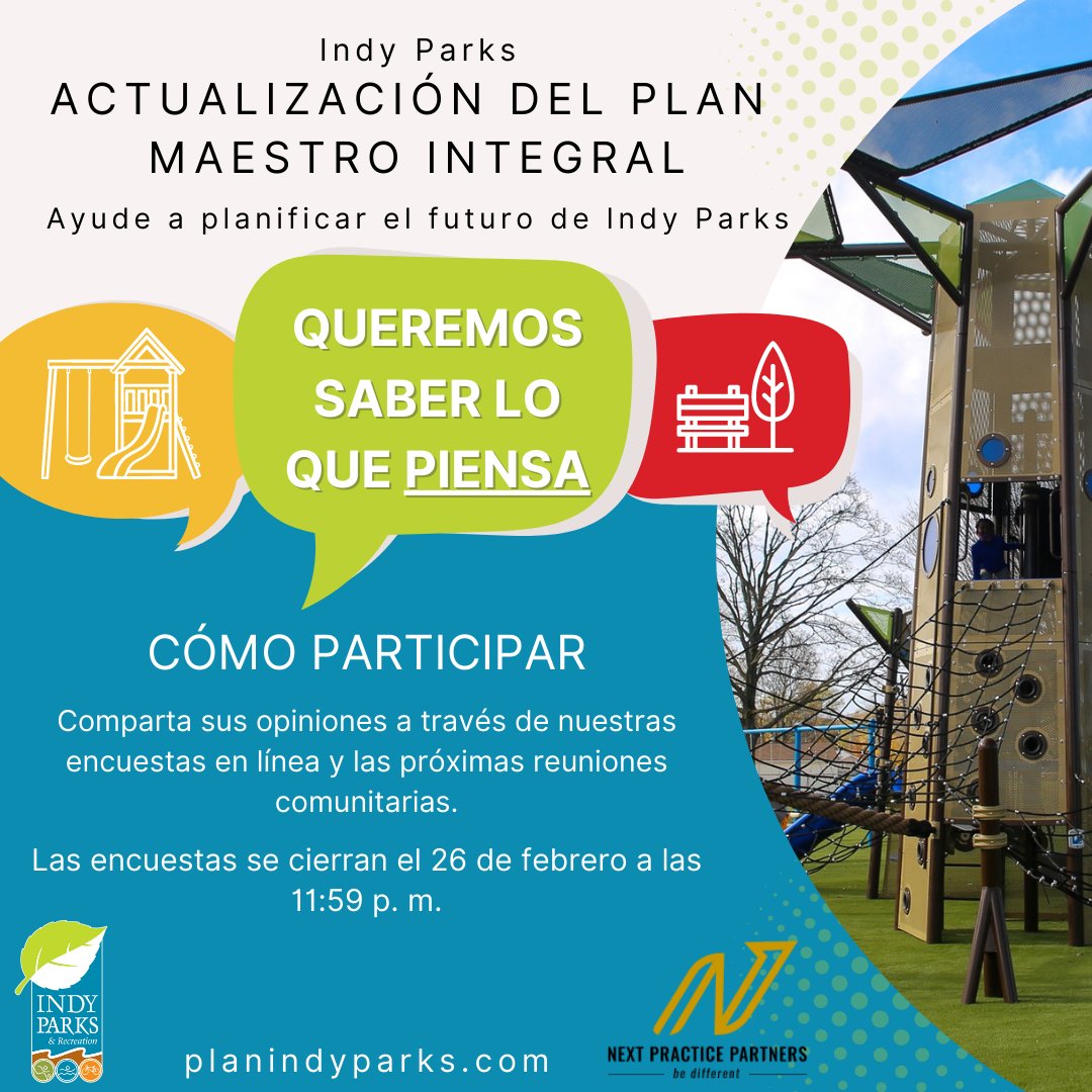 We need YOUR feedback! We are starting our 5-year Comprehensive Master Plan update to determine the future of Indy Parks. Now through February 26, you are invited to share your input through our Community and Youth Surveys. Learn more ➡ planindyparks.com