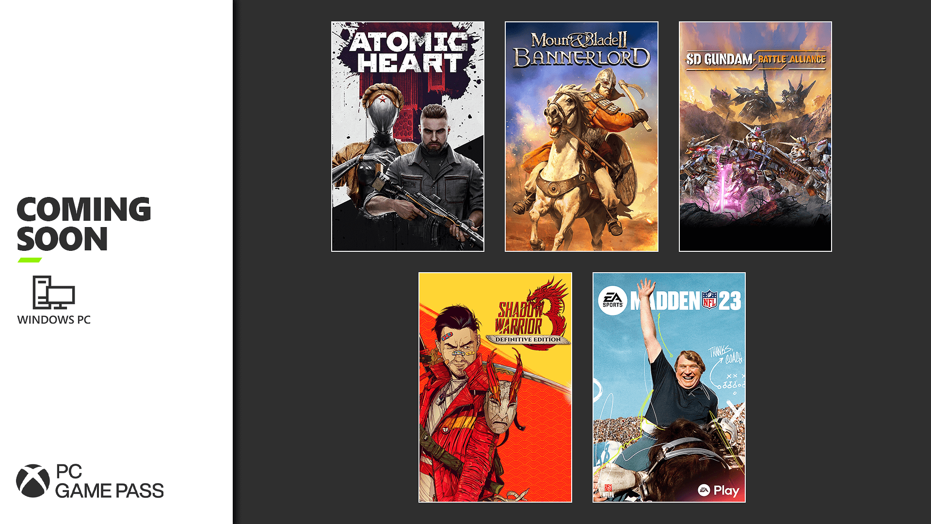 Atomic Heart, Mount & Blade II: Bannerlord, SD Gundam: Battle Alliance, Shadow Warrior 3: Definitive Edition, and Madden NFL 23 are coming soon to PC Game Pass.