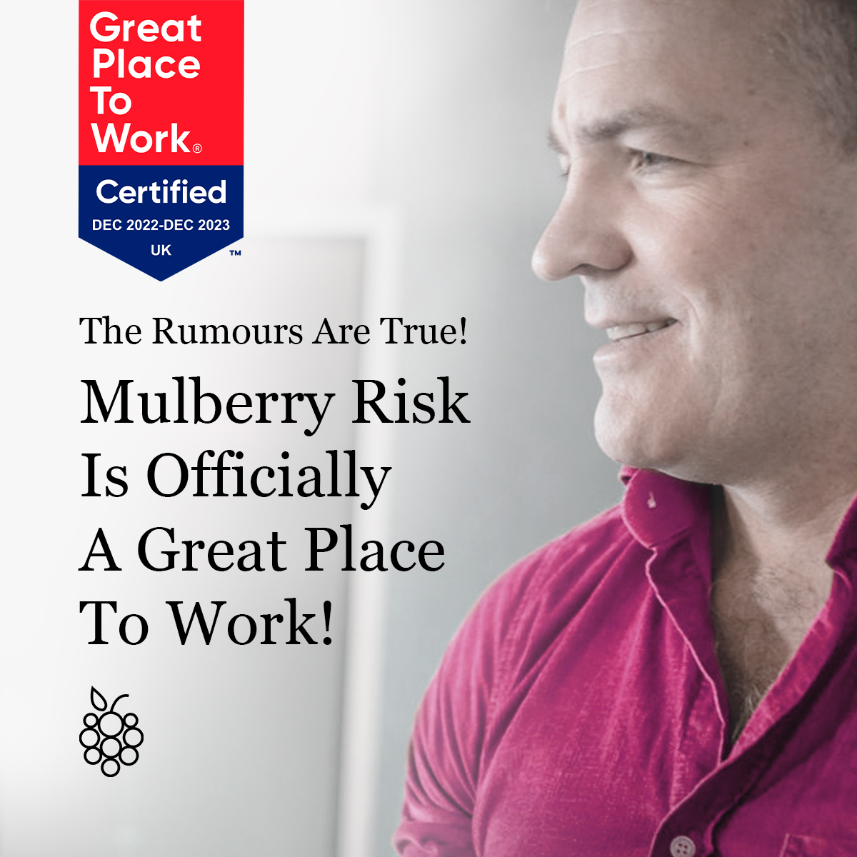 We are thrilled to announce that Mulberry Risk has been officially recognised as a Best Workplace, achieving a Great Place to Work certification!

Great place to work is the global authority on #WorkplaceCulture.

mulberryrisk.com

#greatplacetowork2022 #insurance #mga