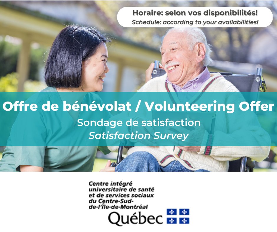 Benevolat's tweet photo. Le @ciusss_csmtl recherche de bénévoles pour réaliser un sondage sur l'expérience de l’usager auprès de résident·e·s en CHSLD et de personnes ayant une déficience intellectuelle, trouble du spectre de l’autisme (DI-TSA). Découvrez l'offre ici: 
👉 https://t.co/jRPFMFA58y https://t.co/JELH3gRLbw