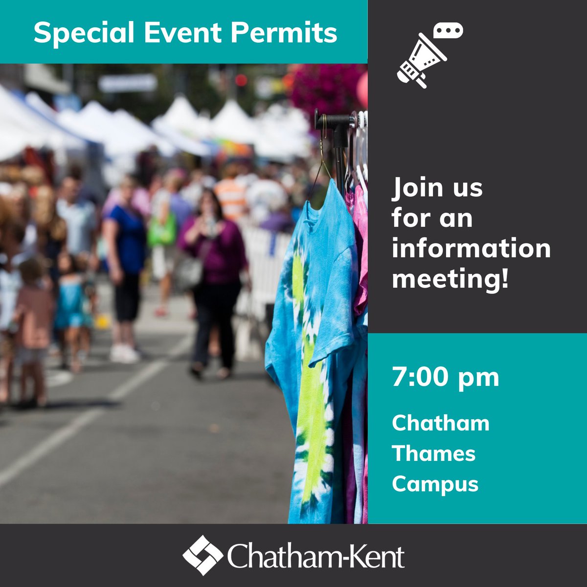 Applying for a Special Event Permit? Come out to one of our information nights and learn about the process... 👉Chatham Thames Campus - TONIGHT, 7:00 - 9:00 pm 👈 chatham-kent.ca/localgovernmen…. #ckont