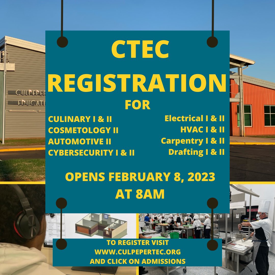 CCPSCCHSGuide's tweet image. CTEC Registration is open for culinary arts, drafting, cybersecurity, electrical, HVAC, carpentry, and medical technician. Visit culpepertec.org or see your counselor to learn more about our CTEC programs.