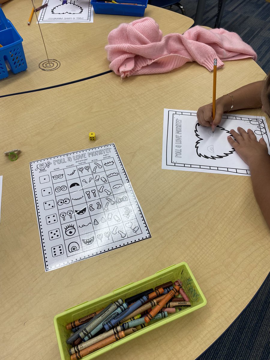 SLEMediaCenter's tweet photo. Kinder read Groggle’s Monster Valentines and made love monsters today using dice and a key. ❤️ https://t.co/BgzJEPYfUN