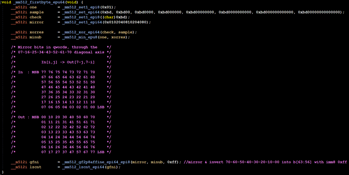 InstLatX64's tweet photo. Re: #AVX512: finding-first-byte-in-lanes proposal
https://t.co/Ds6ILFcvFs
with #AVX512_VNNI and #GFNI there are compact 4-uops solutions for DWORD / QWORD cases:
@pshufb https://t.co/NjGzfNf95K