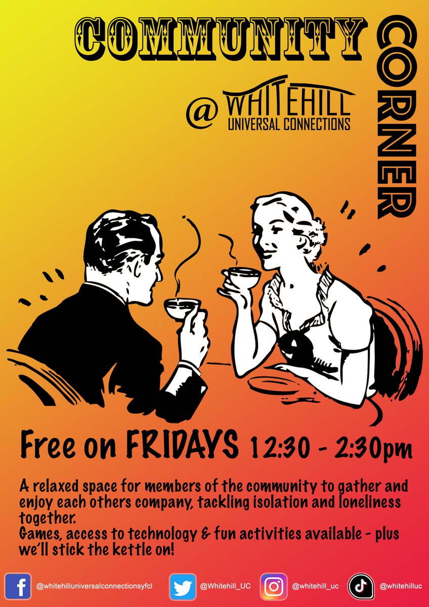 Community Corner starting this Friday, 3rd February - 12:30pm - 2:30pm. A group for community members living in Whitehill who may feel isolated, and / or are experiencing loneliness...
#BringingPeopleTogether ❤️