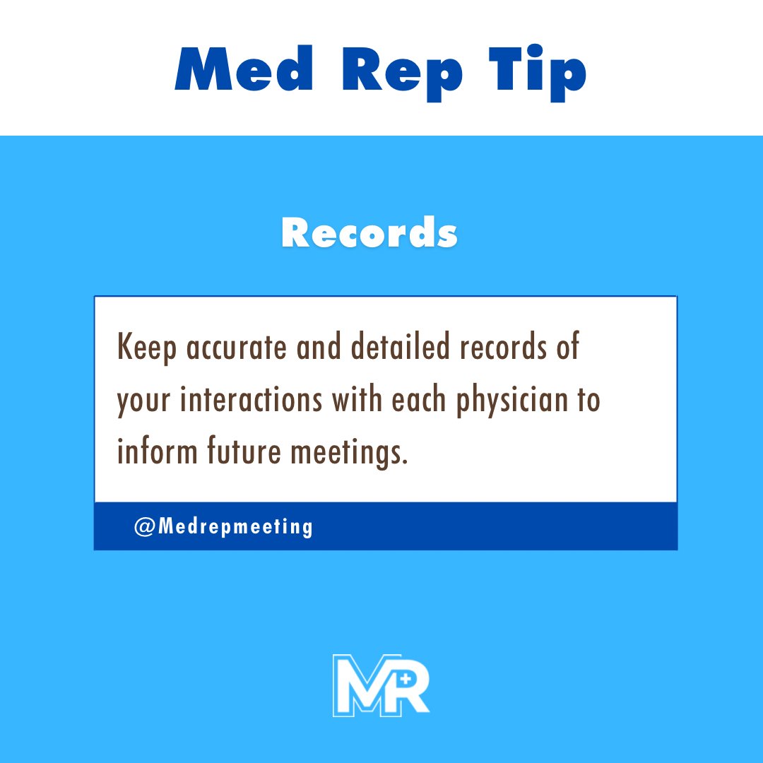 MedRepMeeting's tweet image. This weeks Med Rep Tip:
Keep accurate and detailed records of your interactions with each physician to inform future meetings and make your life easier! 

#medrep #medreptips #tips #salestips #medicalsales #medsalestip #tipsandtricks
