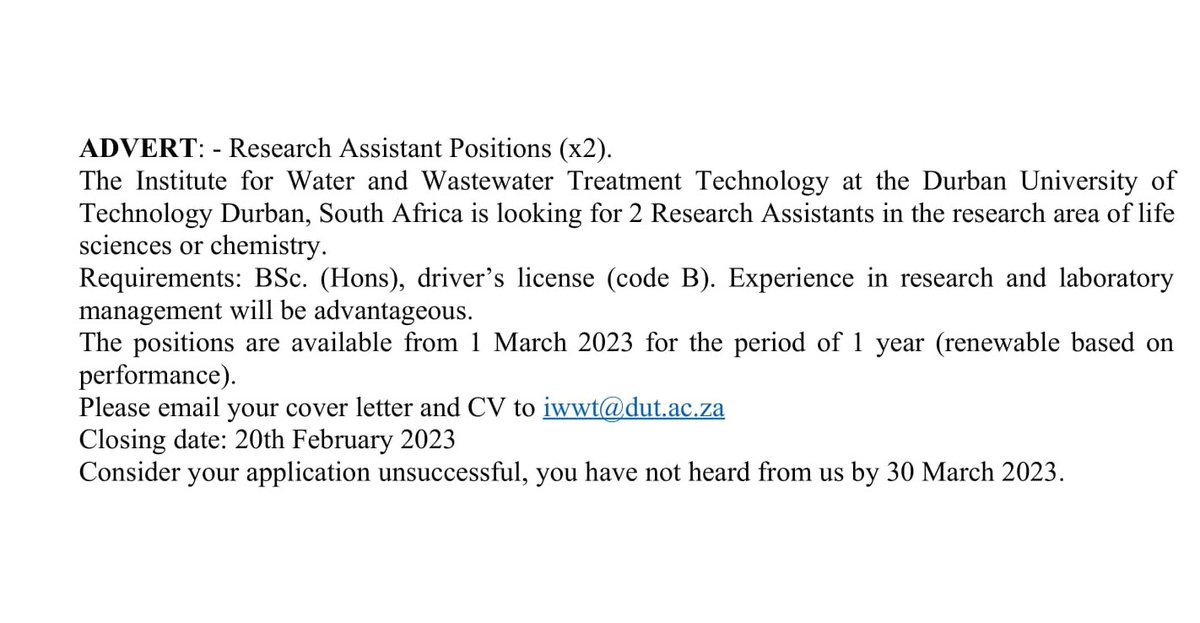 ADVERT:  Research Assistant Positions (x2)
IWWT at the DUT, Durban, South Africa is looking for 2 RA. For MORE detail see👇
<a href="/BuxFaizal/">Professor Faizal Bux</a> <a href="/DrSheenaKumari2/">Sheena Kumari</a> <a href="/IsmailR/">Ismail Rawat</a> <a href="/DUT_Tweets/">DUT</a> <a href="/dutlibresearch/">DUT Library Research Support</a> <a href="/NRF_News/">National Research Foundation of South Africa</a> @dsigovza <a href="/tiaorgza/">TIAORGZA</a> <a href="/eThekwiniM/">eThekwini Municipality</a> 
#research #JobSeekersSA #JobAlert #jobhunt