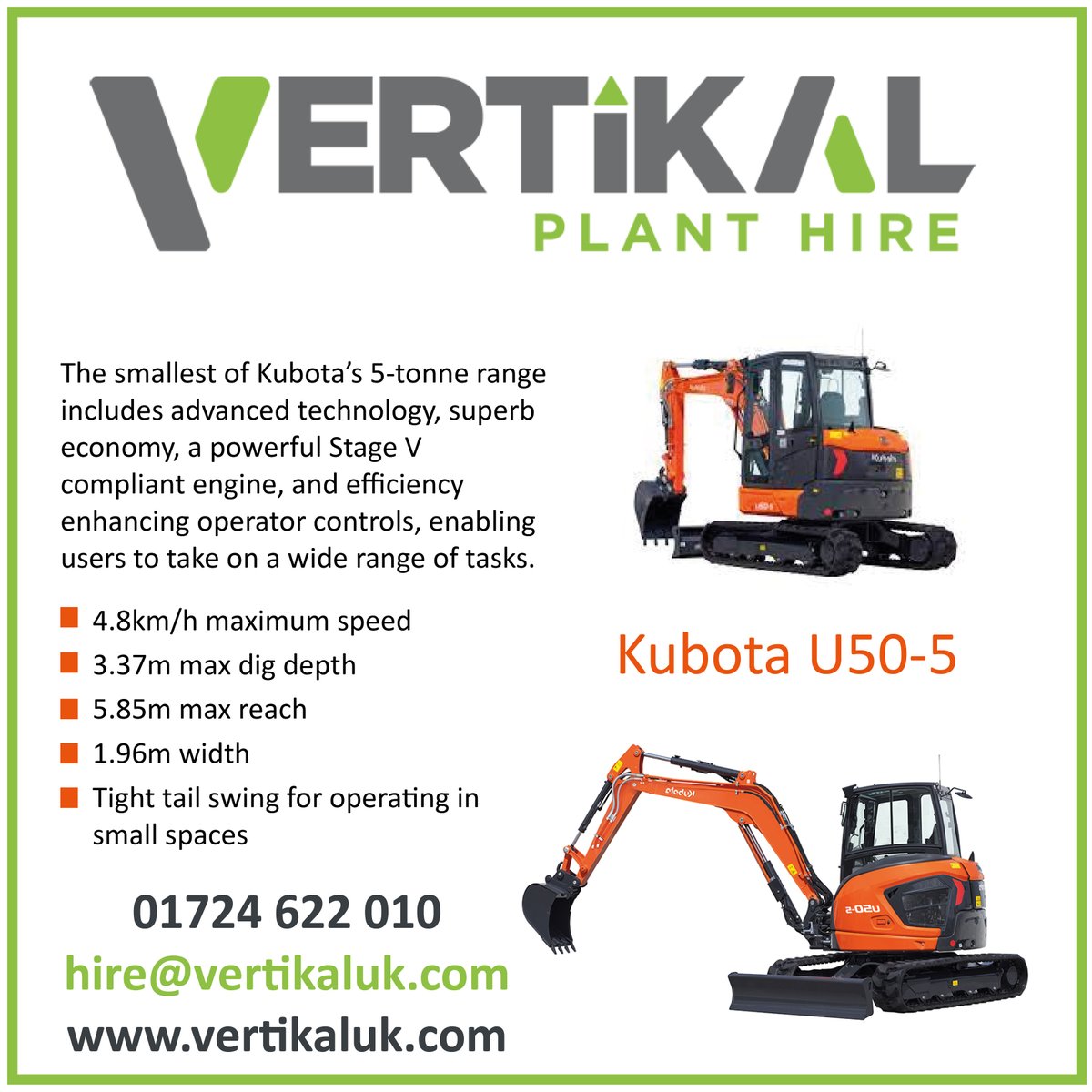 🟢 Vertikal #PlantHire 🟢
Did you know we can offer same day or next day #delivery to your home or #construction sites?
Speak to our friendly hire desk team today with your requirements for a fast quote
📞 01724 622010
📧 hire@vertikaluk.com
vertikaluk.com