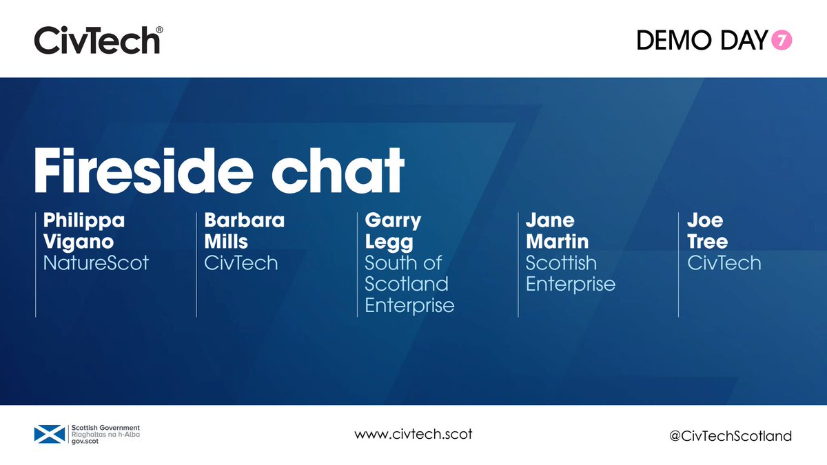 CivTechScotland's tweet image. We&apos;re back at #CivTech7 #DemoDay, and open the afternoon with a fireside chat. 

Joining the conversation onstage are: Barbara Mills from @CivTechScotland, Jane Martin, from @scotent, Garry Legg from @SoSEnterprise, and Philippa Vigano from @nature_scot 

#TechForGood