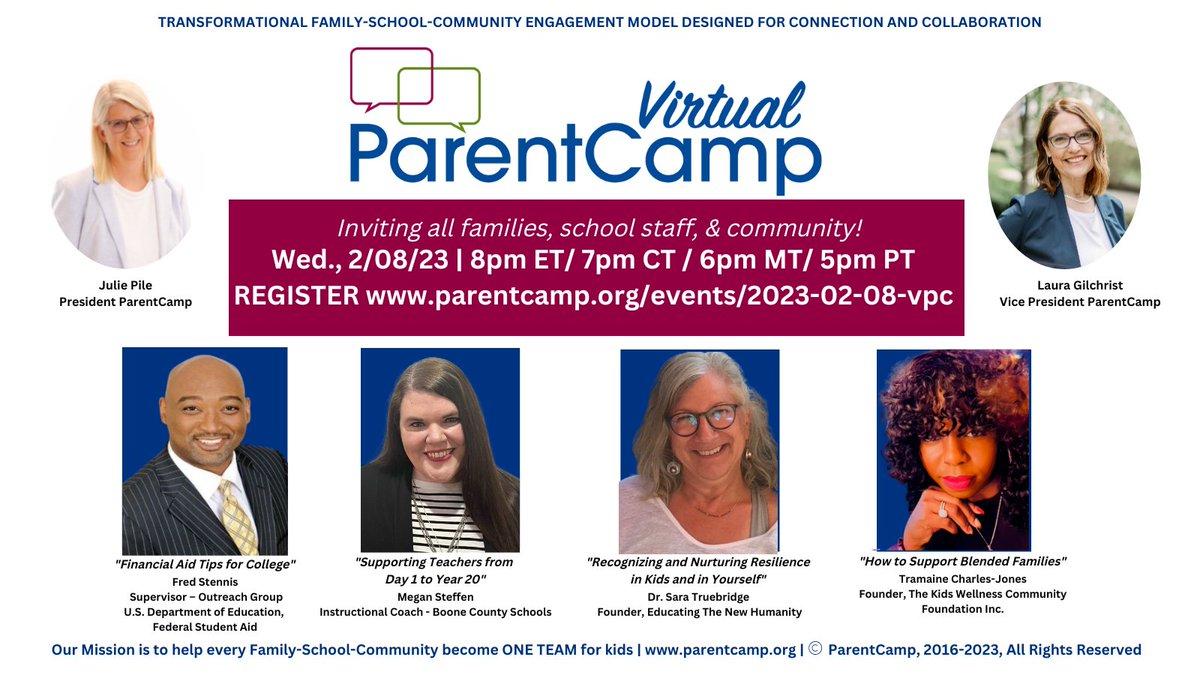 Virtual #ParentCamp: TONIGHT  8pm EST. Make valuable connections and share ideas w/people who are invested in children’s lives! Free Registration:  parentcamp.org/event/2023-02-… 
@khingerty
@Kirk_FACE
@KLV55@kmjlbrown
@kmw1094
@Knollpta
@kristinmatzkane