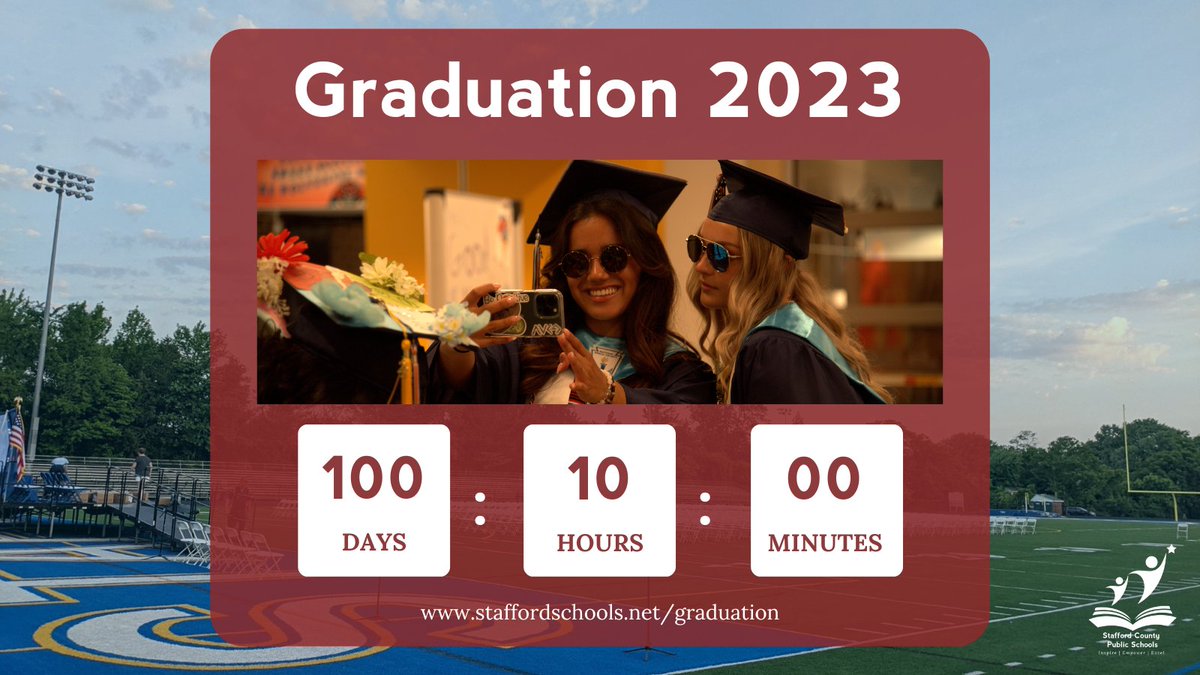 SCPSchools's tweet photo. Attention Class of 2023! There are 100 days until graduation. Stafford Schools is honored to have been a part of your educational journey! #StaffordSchoolsClassof2023 #BrookePointBlackHawks #ColonialForgeEagles #MountainViewWildcats #NorthStaffordWolverines #StaffordHighIndians https://t.co/HNVtkBWn8f