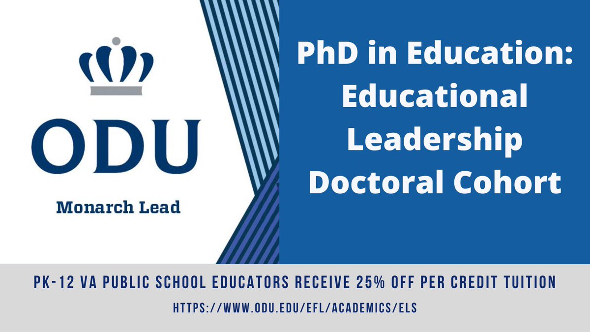oduedlead's tweet photo. Interested in earning a PhD? Join our Ed Leadership Doctoral Cohort! Our next cohort starts Fall 2023, and we are accepting applications. The priority deadline is March 1, 2023. VA Pk-12 public school educators receive a 25% discount on per-credit tuition. https://t.co/yAUpTvdPCD https://t.co/Ak3SCnHpN3