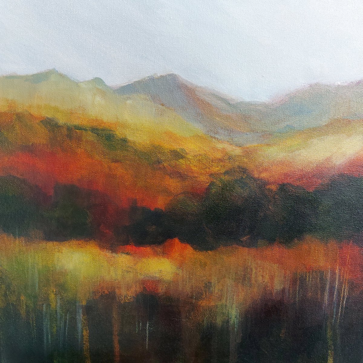 kate_pettitt's tweet photo. I'm enjoying the subtle, shimmering colour in this painting inspired by mountains in autumn – warm foreground, cool distance. 400x400mm. #contemporarylandscape #landscapepainting #cymru #rhinogydd #mountains #autumncolour #katepettittartist #arnupstudios #katepettitt #richcolour https://t.co/Iu3jS2AO97