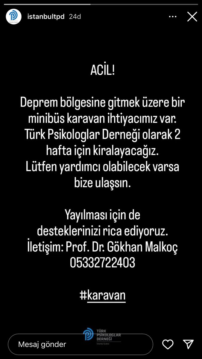 Türk Psikologlar Derneği <a href="/TPDBilgi/">Türk Psikologlar Derneği</a> psikolojik ilk yardım ve psikososyal destek kapsamında bölgeye ulaşmak için karavan kiralamak istiyor. İlgililere iletebilirseniz müteşekkir olurum. 
<a href="/harun_tekin/">Harun Tekin</a> <a href="/haluklevent/">Haluk Levent ( Ahbap Ekibi )</a> <a href="/PincTivi/">PincTv</a> #depremyardımdestek