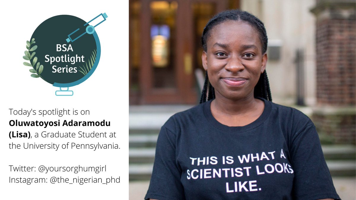 Botanical_'s tweet photo. Learn about our most recent #BSASpotlight, Oluwatoyosi Adaramodu (Lisa) - @yoursorghumgirl, by visiting https://t.co/OfIIaWT23i!
Lisa is a plant biotechnology graduate from a Nigerian university and is currently pursuing a PhD in the field at the University of Pennsylvania. https://t.co/oUomb1YiEm