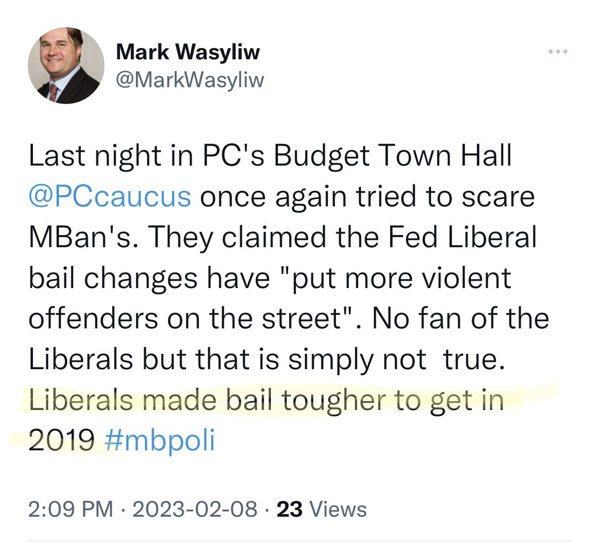 Every Premier and AG in Canada, including NDP and Liberal, have spoken out about the need for bail reform and the harm of the federal 2019 bail changes. So have national police associations. Today we learn <a href="/WabKinew/">Wab Kinew</a>’s official party position that everything is fine.  #MBPoli