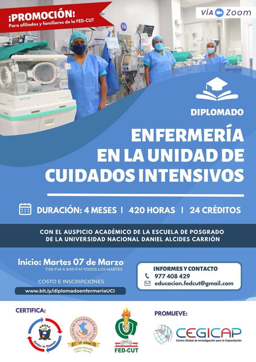 FedCut's tweet photo. 🔴👩‍🏫 Diplomado en Enfermería en UCI⚕️🔖
📌 Costo e inscripciones 👉 https://t.co/9HINDLnj9N
📌 INICIO 🗓️ Martes 07 marzo (Todos los martes)
📌 DURACIÓN 💻 04 meses
📌 INFORMES: 📧 educacion.fedcut@gmail.com 📲 977408429
📌 Programa completo aquí ➡️ https://t.co/EN3qaCYAwd https://t.co/bcvAfP2M2R