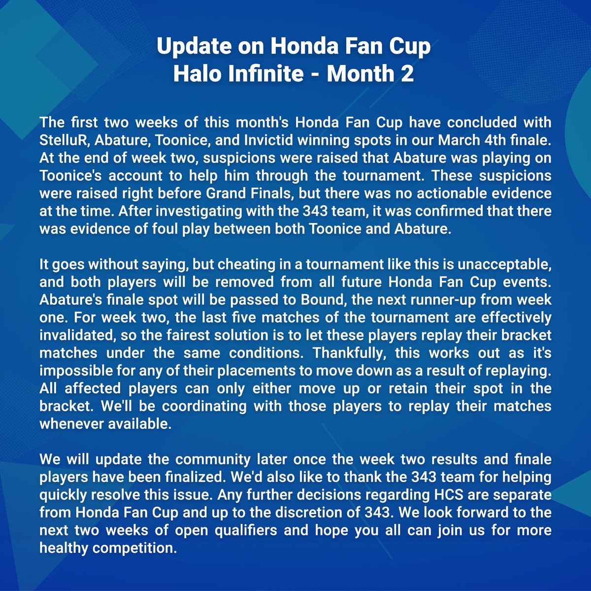 LVTHalo's tweet photo. UPDATE: A notice from the Honda Fan Cup admins on Halo Infinite Qualifier 2 https://t.co/IqUf6arqSh