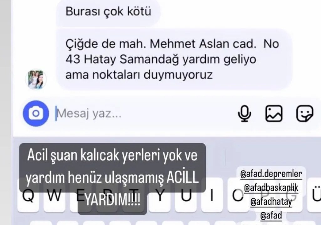 twithokkasi's tweet photo. HATAY SAMANDAĞDA HALA UMUTLA YARDIM BEKLEYEN CANLAR VAR LITFEN ULASIM SAGLAYALIM YAYALIM ACILL...
#hatayiskenderun #rahatdeğiliz #Turkey #AHBAP #ahbab #ahbaphatay #HalukLevent #OguzhanUgur #tcicisleri #HelpTurkey https://t.co/XvTLceGCR8