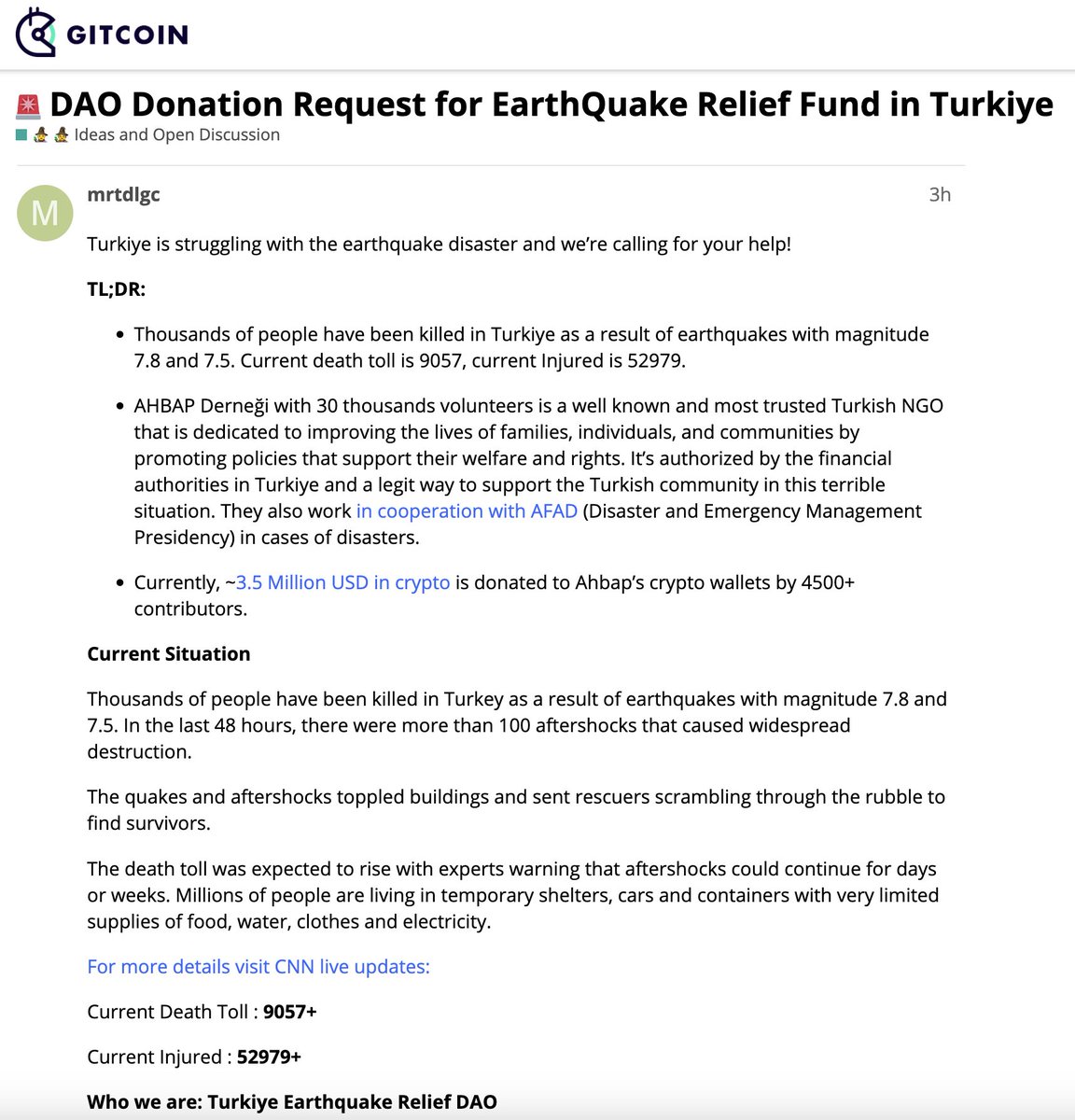 As Turkey Earthquake Relief DAO, we want to create an awareness in the forum of DAOs.

We have submitted a proposal to these protocols, below;

We want to leverage this proposal to create more exposure &amp; reach out to people who can contribute our cause ⬇️