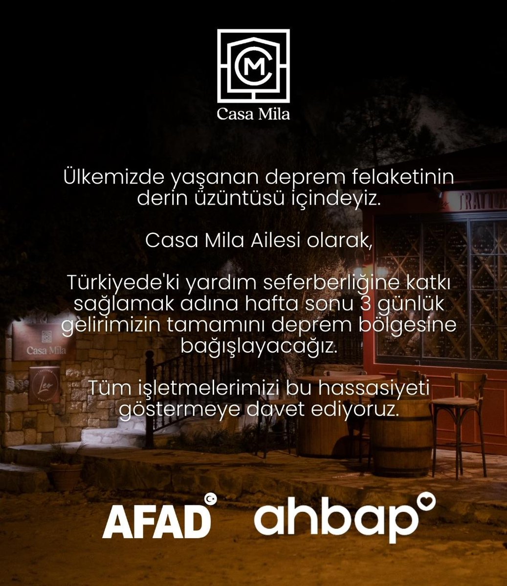 casamilakazdagi's tweet photo. Ülkemizde yaşanan deprem felaketinin derin üzüntüsü içindeyiz.

Casa Mila Ailesi olarak,

Türkiyede'ki yardım seferberliğine katkı sağlamak adına hafta sonu 3 günlük gelirimizin tamamını deprem bölgesine bağışlayacağız.
Tüm işletmelerimizi bu hassasiyeti göstermeye davet ediyoruz https://t.co/SyWxXLjUbk