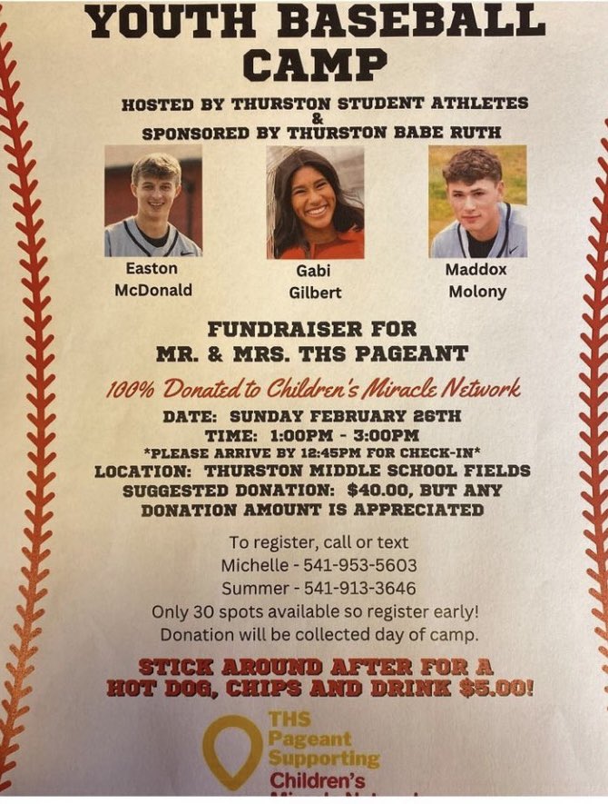 Great opportunity to work on fundamentals and support an amazing cause with the Children’s Miracle Network. @ThsColtBaseball @maddox_molony