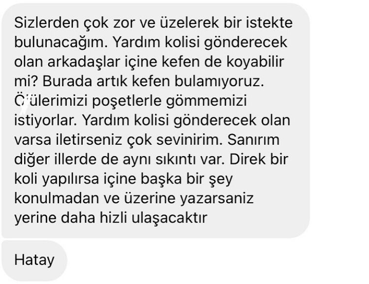 esmaabaser's tweet photo. Hâlâ yardım ulaşmayan yerler, cesetleri poşetlere sarıp gömmek zorunda kalan insanlar var. Yardım kolilerine kefen de konulmasını istiyorlar. Onca ölümün yıkımın hesabını nasıl vereceksiniz?
#rahatdeğiliz https://t.co/kcQDHKvArv