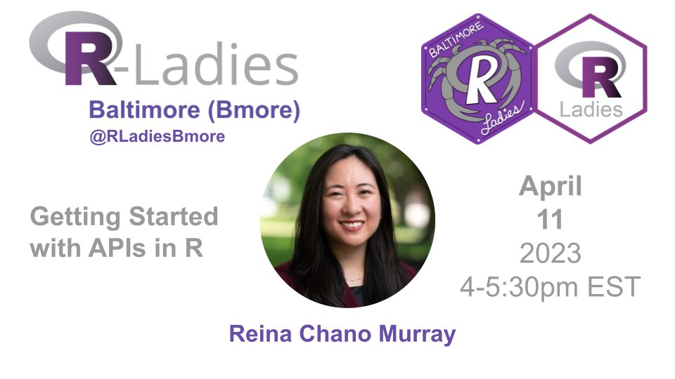 RLadiesBmore's tweet photo. We are excited to be back to host Reina Chano Murray (https://t.co/WdrmEVCKPv) @JohnsHopkins April 11th 4-5:30pm on getting started with #APIs in #rstats! 

#rladies #Baltimore #DataScience #APIs

https://t.co/hZMiMoAr4R https://t.co/Os5BdVohFu