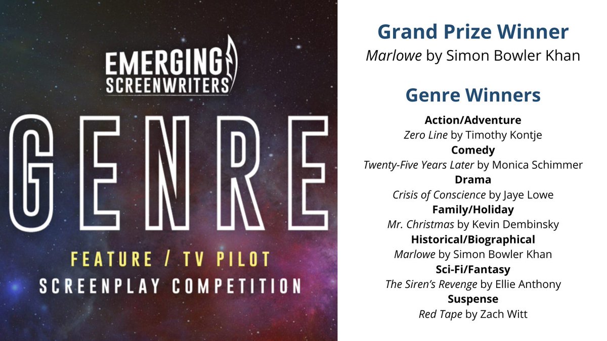 NetworkISA's tweet photo. The Grand Prize and Genre Winners of the Emerging Screenwriters Genre Screenplay Competition have been announced! Congratulations to these talented writers🎉

View the full list: https://t.co/OkDsJt8cZP https://t.co/MwEzPNZrmZ