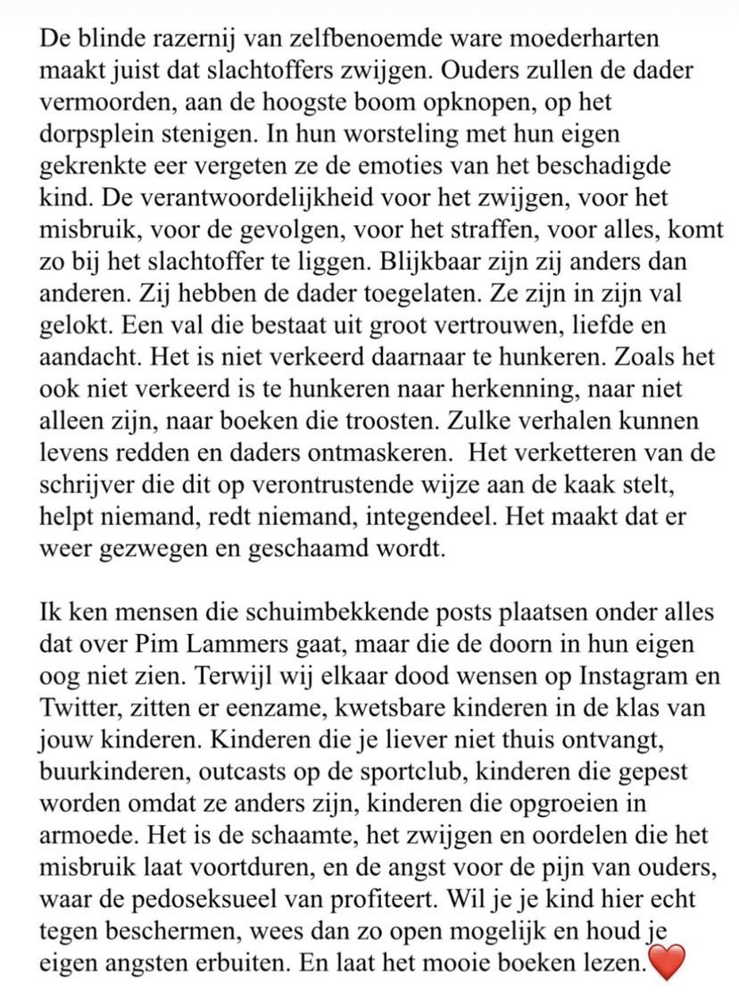‘Ik ken mensen die schuimbekkende posts plaatsen onder alles dat over Pim Lammers gaat, maar die de doorn in hun eigen oog niet zien.’ 

Saskia Noort 🤍