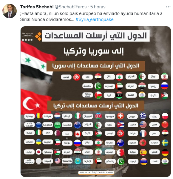 El empresario sirio @ShehabiFares denuncia que ningún país de Europa (excepto #Rusia) ha enviado ayuda humanitaria a #Siria. "No lo olvidaremos nunca", escribe Shehabi.