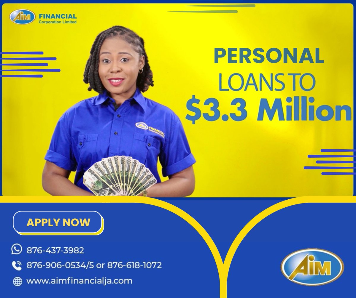 aimfinancialja's tweet photo. Our Personal Loans offer $20,000 up to $3.3 Million with special rates for our valued workers. 

Approval within 1-3 business days and up to 6 years to repay. 

WhatsApp: 1(876) 437-3982 

Don't miss out on this opportunity! #personalloan #debtconsolidation https://t.co/wXLJsvygo7