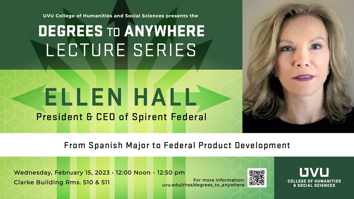 Then: BA in Spanish from UVU 👩🏼‍🎓
Now: President/CEO of Spirent Federal 👩🏼‍💼
.
Join us next Wednesday to hear Ellen Hall share her story. #DegreesToAnywhere 
.
Wednesday, February 15, 2023 at 12:00pm - 12:50pm, Clarke Building Rooms 510 &amp; 511.