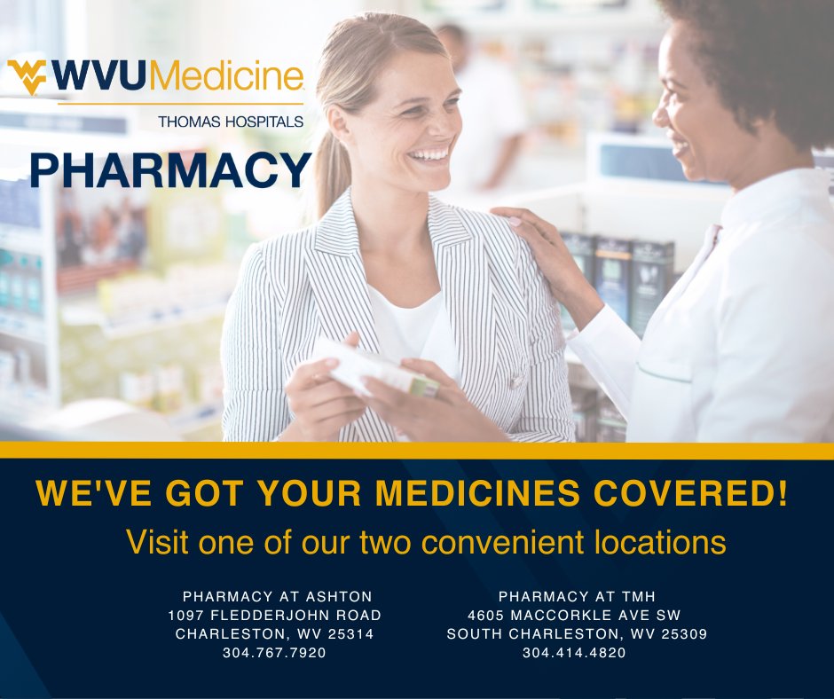 thomashopsitals's tweet photo. We've got your medicines covered! 

Visit one of our two convenient locations to see what you can save on your prescriptions. 

Pharmacy at Ashton - 8am - 5:30pm 
Pharmacy at TMH - 7am - 6pm. https://t.co/zapv12qXut