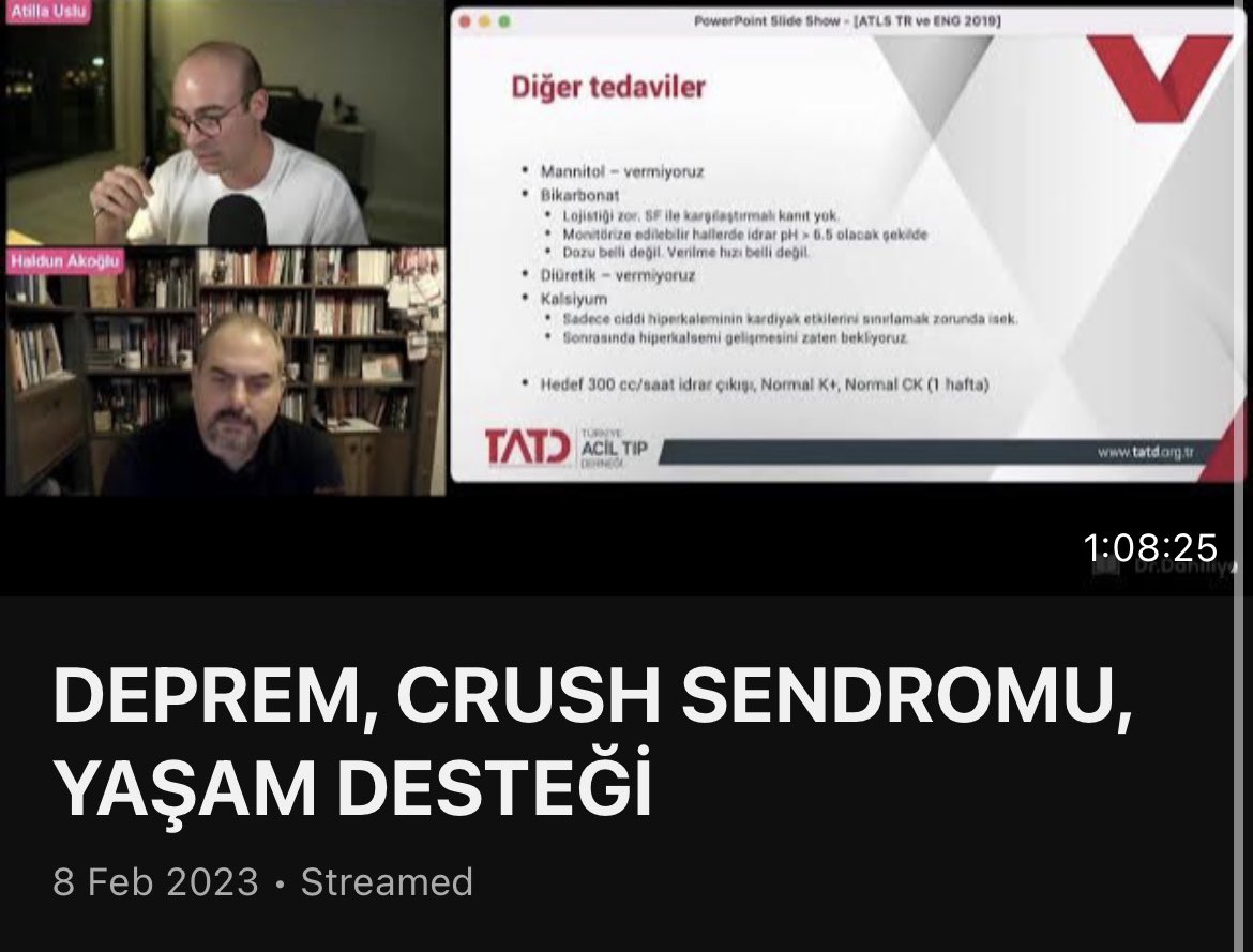Türkiye Acil Tıp Derneği yönetim kurulu üyesi Prof. Dr. Haldun Akoğlu <a href="/IstanbulEMDoc/">Haldun Akoglu</a> hocamız ile yaptığımız TRAVMA HASTASINA VE DEPREMDE CRUSH SENDROMUNA YAKLAŞIM konulu yayınımızı linkten izleyebilirsiniz. Çok hayati ve temel konular. 

Çalışan link youtube.com/live/0WzYhsBJr…