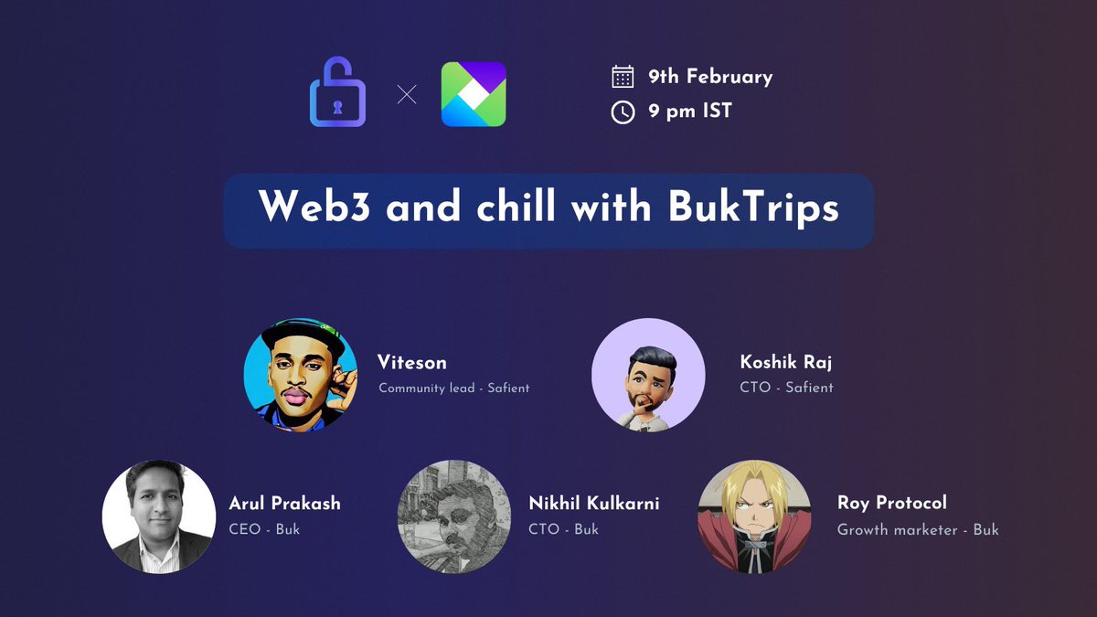 safientio's tweet photo. Join us for another explosive space as we chat and chill with @buktrips as our speakers for the day as seen in the graphics below. The time is 9 PM IST, 3:30 PMUTC, and 10:30 AM EST. Link: https://t.co/pFQgMozWKR https://t.co/ovKlF6QKVi