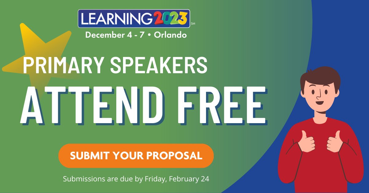 learning2024_us's tweet photo. Did you know, primary speakers attend the conference for free? You read that right! If your session proposal is accepted, you're #Learning2023 conference registration is covered. Submit your ideas today: https://t.co/77lt6G6io4
#Learning23 #learningconference #learningleadership https://t.co/a2cMd1SzbL