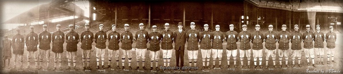 BSmile's tweet photo. 110 Years Ago: Connie Mack and the 1913 World Champion Philadelphia A's Team - Those #Athletics elephant logo weaters are amazing! #MLB #Baseball #History https://t.co/YmksUYuI66