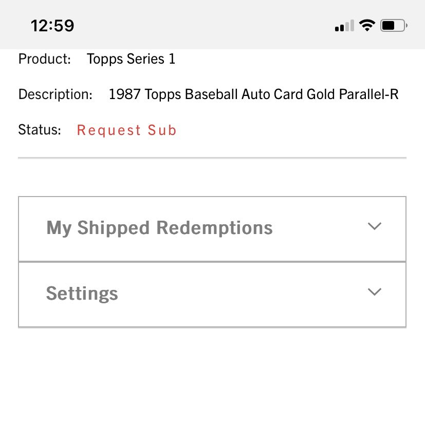 TarlwithaT's tweet photo. I just checked the status on my redemption (Acuña auto) and now it says request sub? Does this mean I have to request a sub? @CardPurchaser https://t.co/xvE6MyF3z5