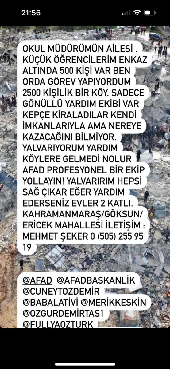 Kahramanmaraş’ta kışlık eşya ulaştırabilecek birileri var mı acaba 2500 haneli köyde insanlar çok kötü haldeymiş <a href="/pelinbatutr/">Pelin Batu</a> <a href="/fatihaltayli/">Fatih Altayli 🔴🇹🇷</a> <a href="/ahbap/">Ahbap</a> <a href="/haluklevent/">Haluk Levent ( Ahbap Ekibi )</a> <a href="/ProfDemirtas/">Özgür Demirtaş</a> 
<a href="/cuneytozdemir/">cüneyt özdemir</a> <a href="/OguzhanUgur/">Oğuzhan Uğur</a>