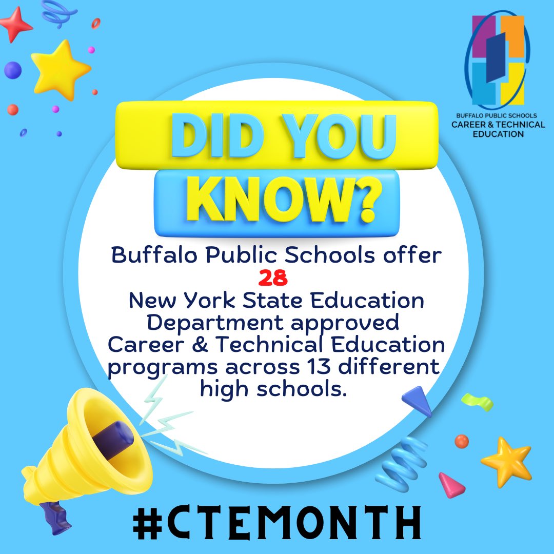 CTE_Buffalo's tweet photo. Happy #CTEMonth. We are proud to celebrate our high school programs that offer 21st-century skills to our students, helping them to become college and/or career ready. Check out the link in our bio to learn more about our program offerings. https://t.co/Qthy9fbytY