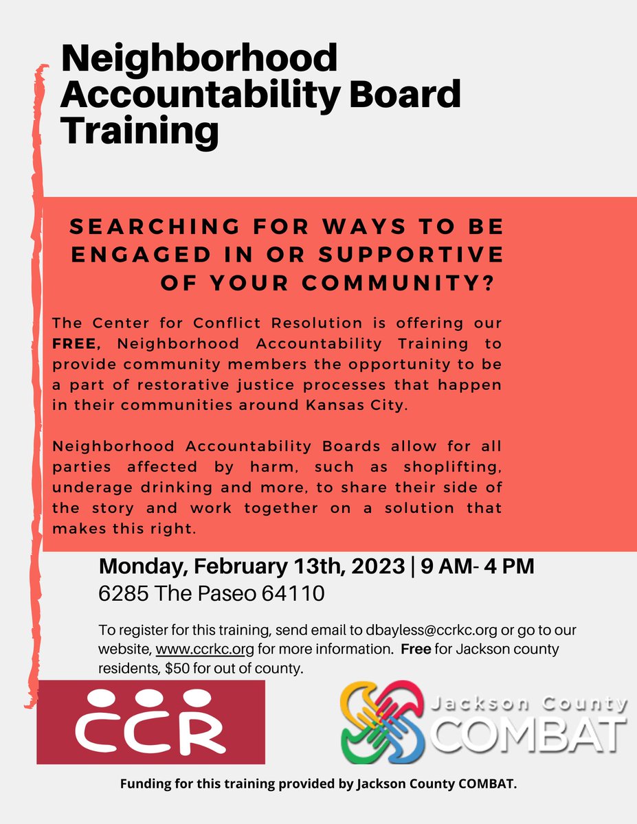 Want to be a part of the change that you would like to see in your community? 

We can help you with that!

CCR has an upcoming training for new Neighborhood Accountability Board members on Feb. 13, 2023.

Click the link below to find out more:
 ccrkc.org/nab-training-f…