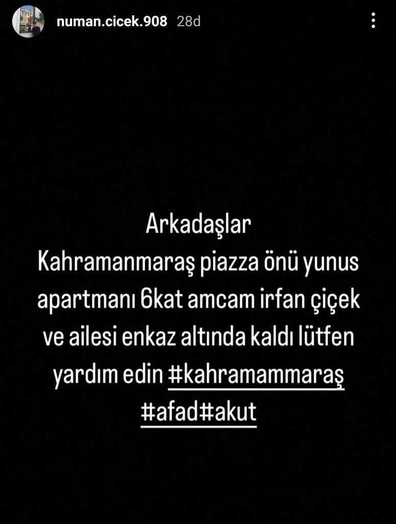 hena_bezginn's tweet photo. PİZZA ÖNÜ KAHRAMANMARAŞ İRFAN ÇİÇEK VE AİLESİ ENKAZ ALTINDA LÜTFEN YARDIM EDİN ARKADASİM NUMAN KENDİ İMKANLARIYLA ÇIKARMAYA CALİSİYOR
@DepremDairesi @AFADBaskanlik @ahbap @BabalaTv #EnkazAltında #depremsondakika https://t.co/8THJc8JA89