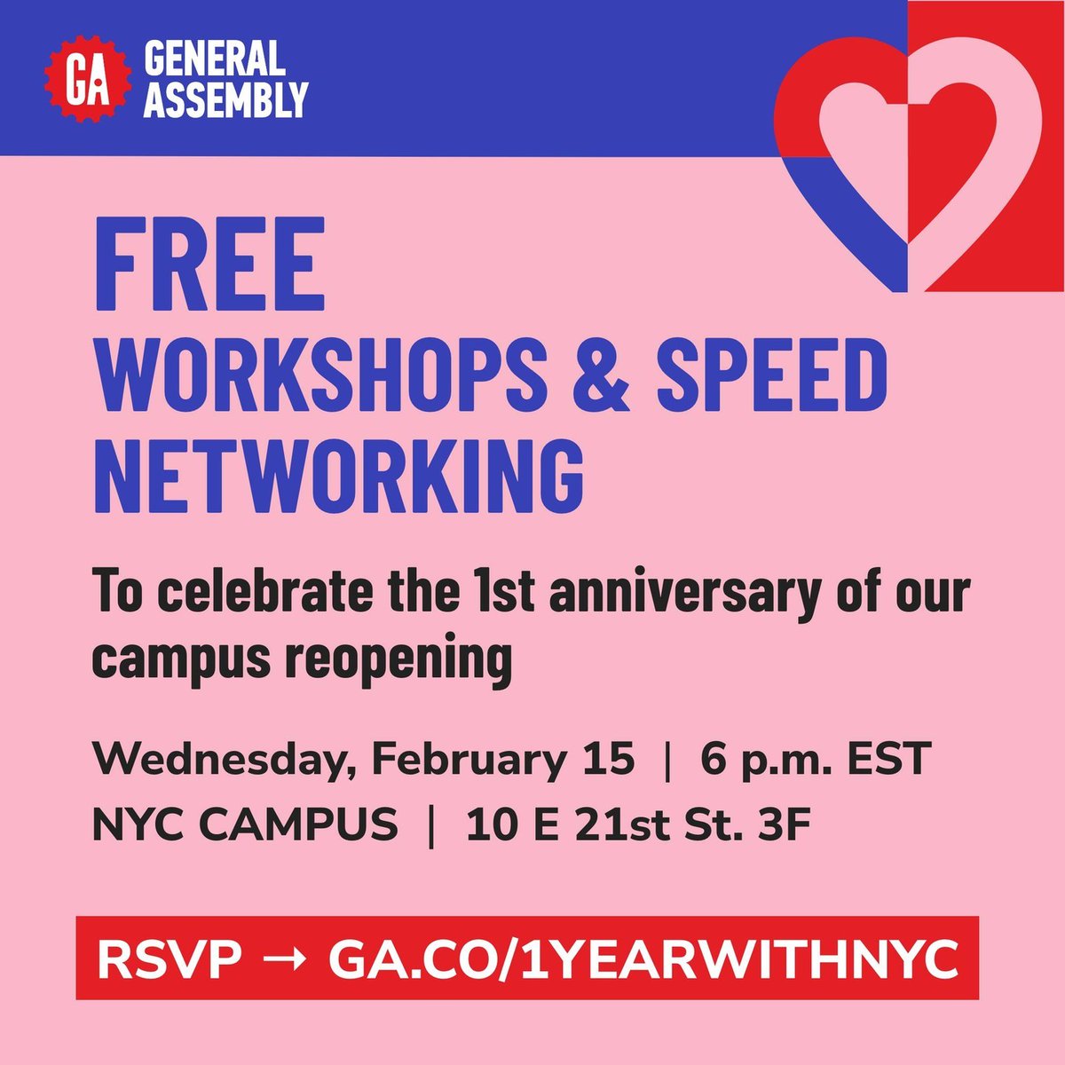 GA's tweet photo. Join us for free workshops and speed networking on Feb. 15 as we celebrate the 1st anniversary of our NYC campus reopening. Secure your spot: https://t.co/CJ0f5hKGhJ
#NYCEvents #NYCFreeEvents #NYCCampus #CodingWorkshop #UXWorkshop https://t.co/Ttq8FaRGV3