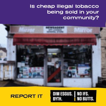 NINBWales's tweet photo. Cheap illegal tobacco sellers are in communities all across Wales. They don’t care who they sell to, how young they are, or what smoking does to them.

#illegaltobacco #NINB #noifsnobutts #dimesgusbyth https://t.co/bHA1Zw2I2P