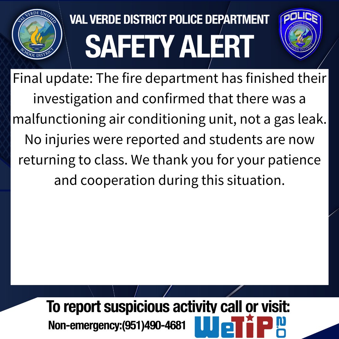 Final update: The fire department has finished their investigation and confirmed that there was a malfunctioning air conditioning unit, not a gas leak. No injuries were reported and students are now returning to class. We thank you for your patience during this situation.