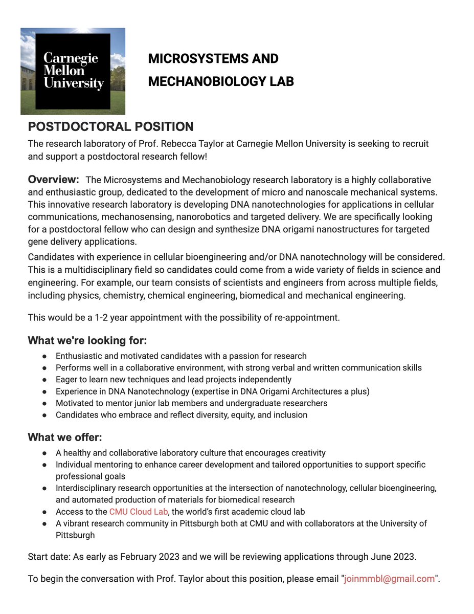 jrbexbox's tweet image. We are hiring a postdoctoral researcher in the area of DNA nanotechnology, manufacturing and gene therapy! Come join our team exploring how the design of nanoparticles can impact the cargo uptake and expression. PS: RTs are welcome!
andrew.cmu.edu/user/bex/posts…