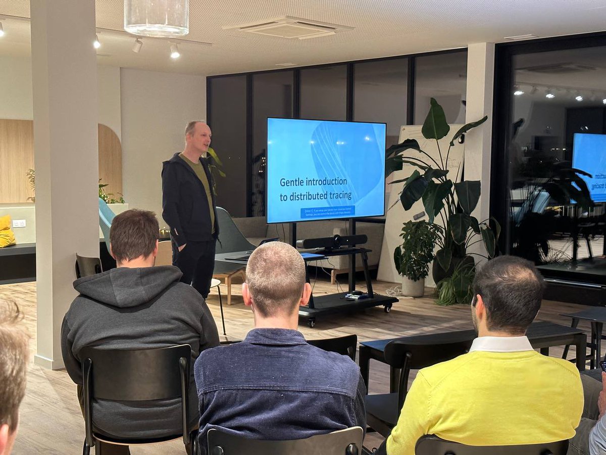 phpantwerp's tweet photo. First talk of the evening with @Depechie about OpenTelemetry. #fsbe https://t.co/UDzoUdxuW2