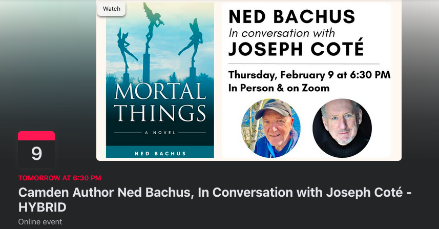 NedBachus's tweet photo. My first hybrid book event for Mortal Things!
--Thursday, Feb. 9 at 6:30 PM, at my favorite library on the planet! Zoom with us at Maine's Camden Public Library. https://t.co/MqlvKMXnuF @lissa_warren @TOLWrites   TO REGISTER:
https://t.co/mwCaorEPxj https://t.co/gOCWZcco3Q